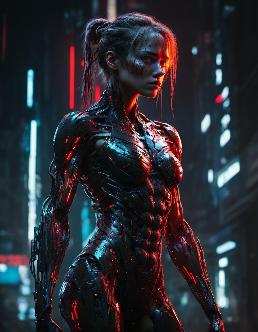 Cyberpunk Sarah Connor in Ominous Red Matrix
