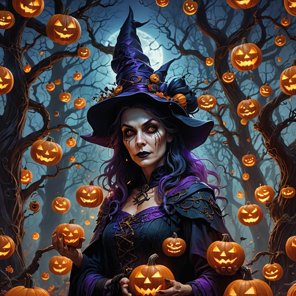 Halloween Witch in Mystical Forest, Fantasy Art