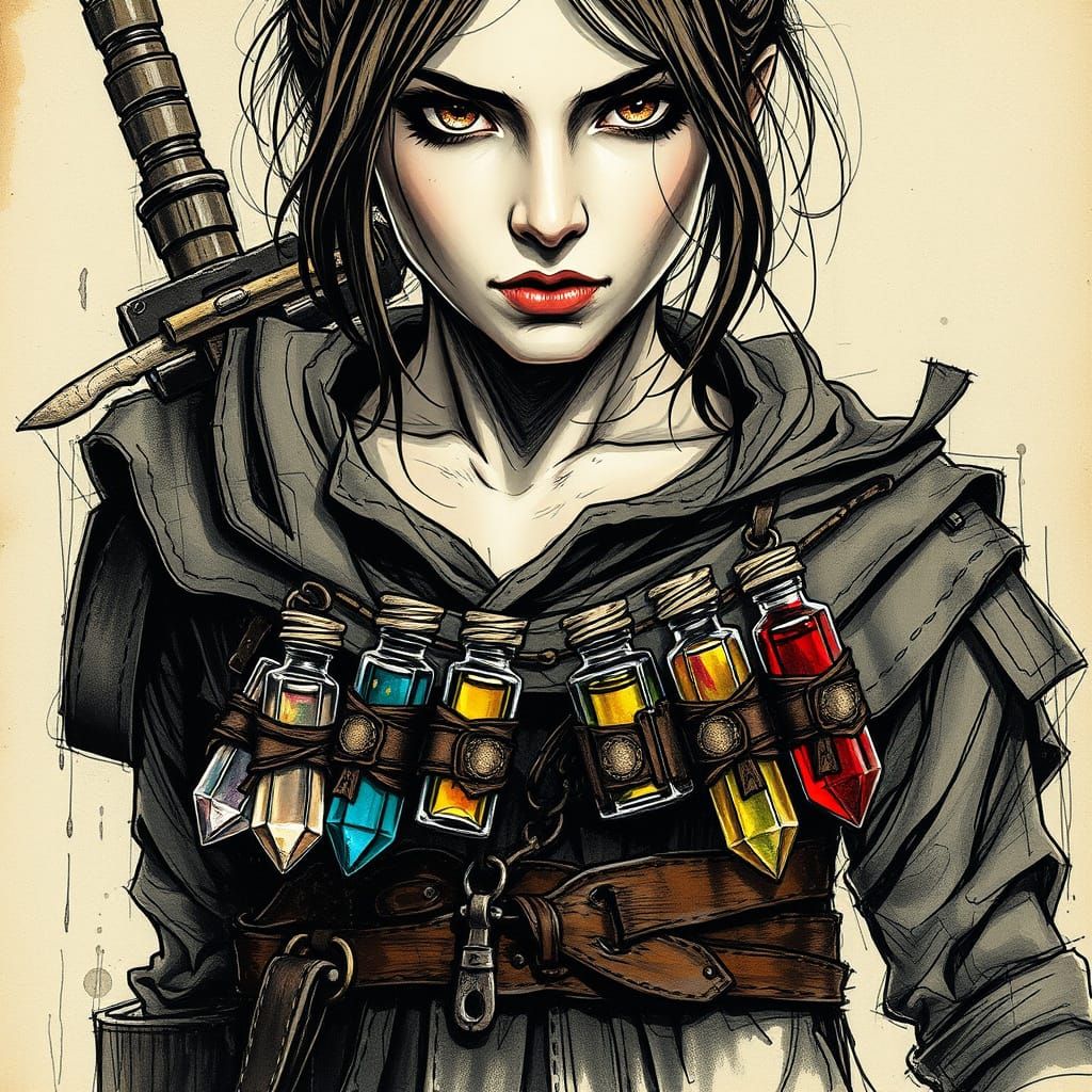 Medieval Ranger with Crystal Vials in Charcoal Sketch Style