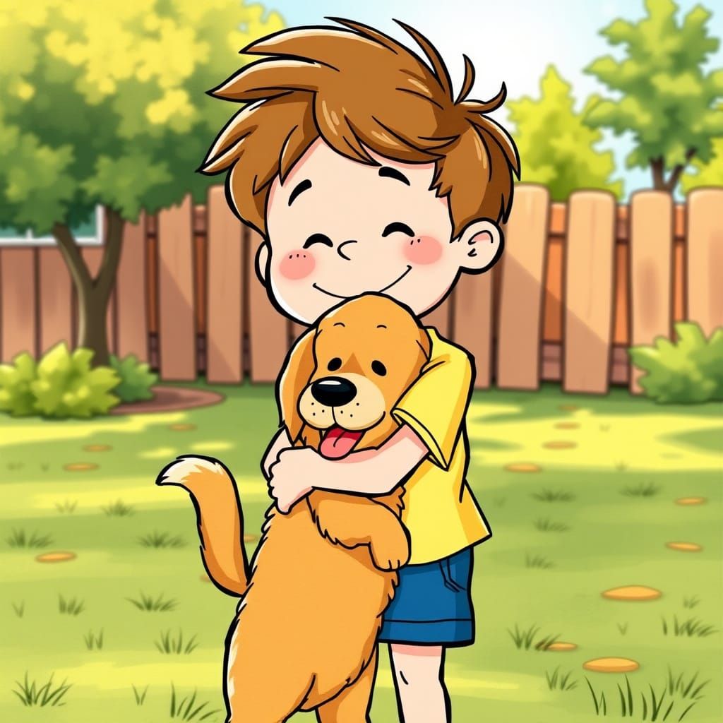 Boy Hugging Dog in Classic Cartoon Style