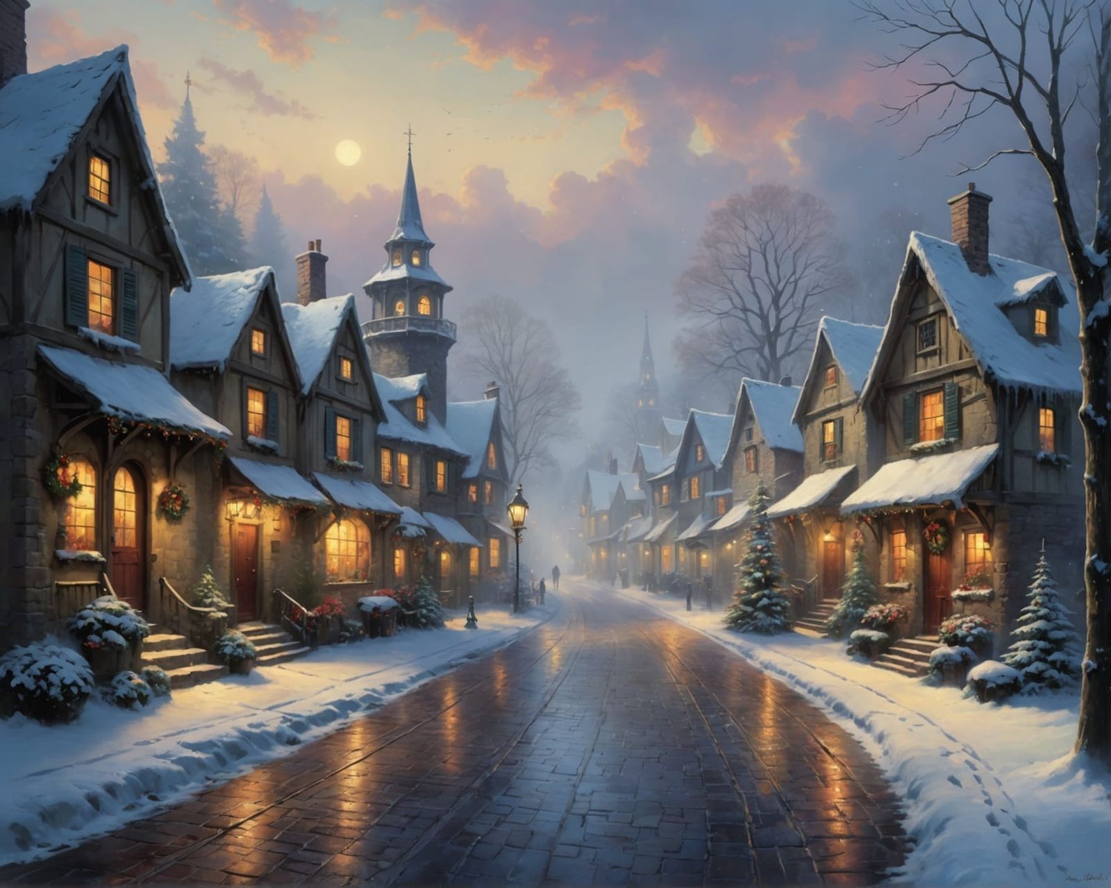 Enchanting Christmas Village Street Scene in Ethereal Style