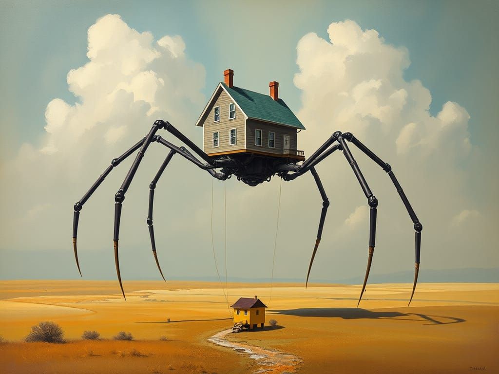 Surreal Digital Art of House on Spider Legs in Flight