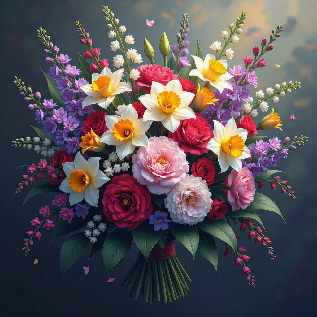 Birth Flower Bouquet: Detailed Matte Painting in Deep Color