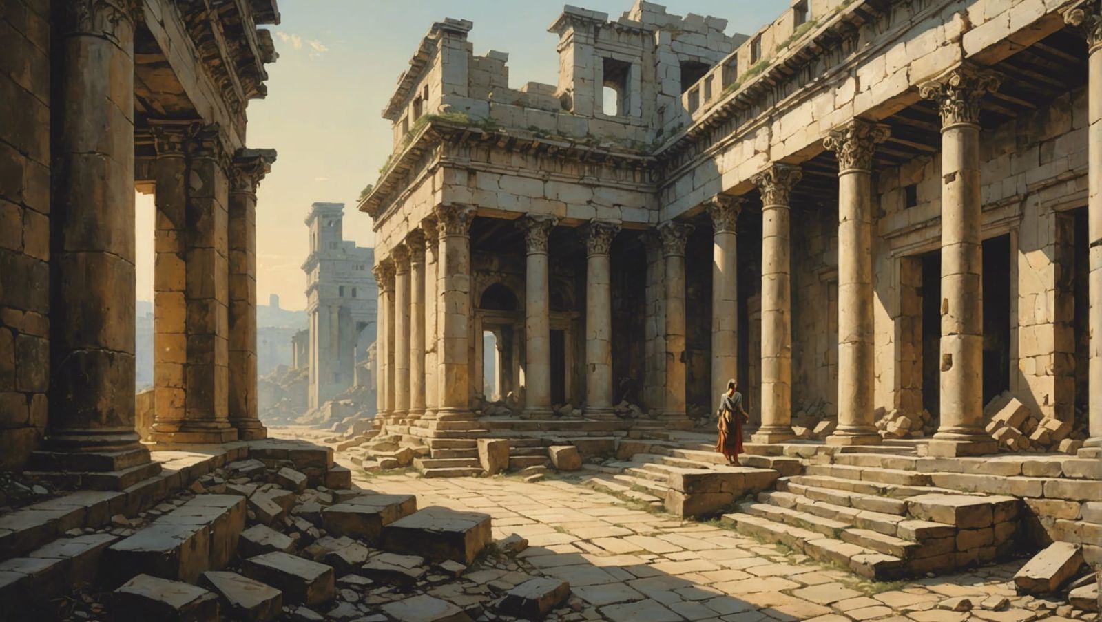 Ancient Civilization Ruins with Girl in Graphite Sketch