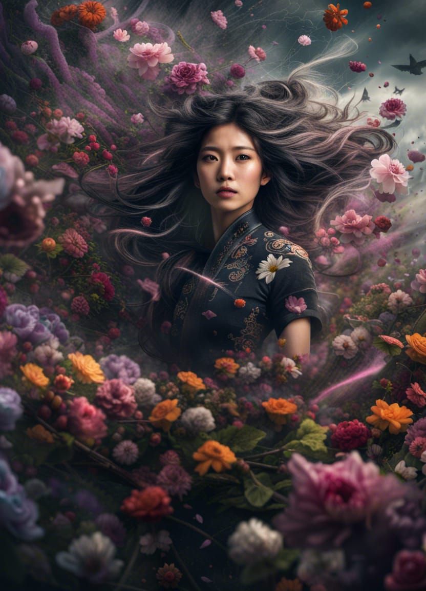 Taiwanese Witch in Flower Tornado: Hyperrealistic Image