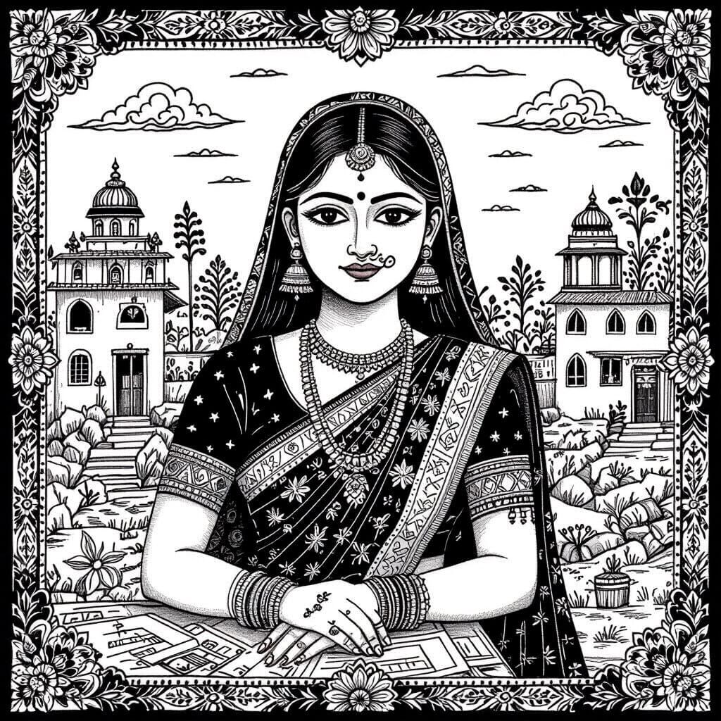 Monochrome Madhubani Illustration of Disaster Management