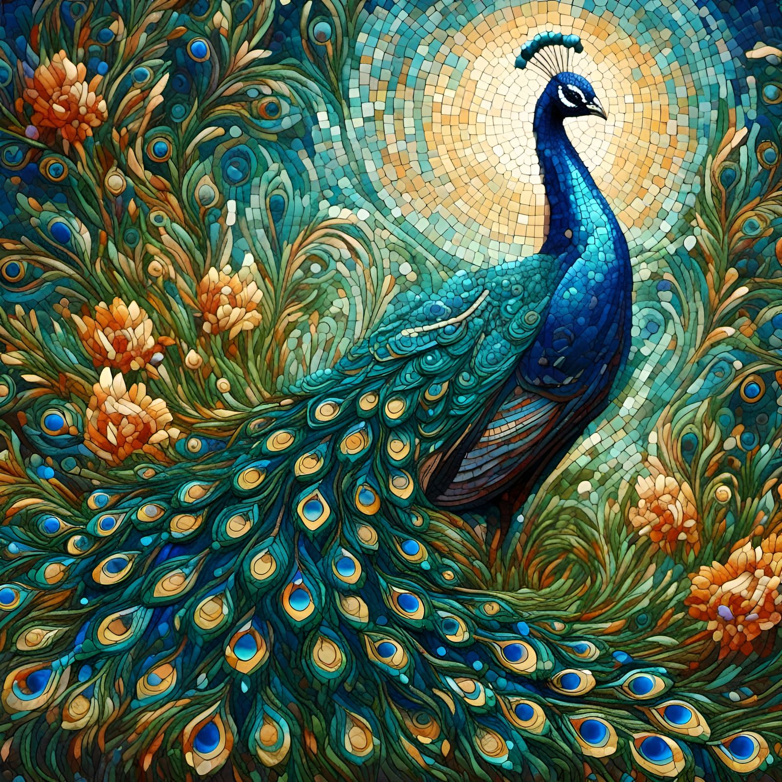 Peacock Mosaic Portrait in Pixel Impressionism