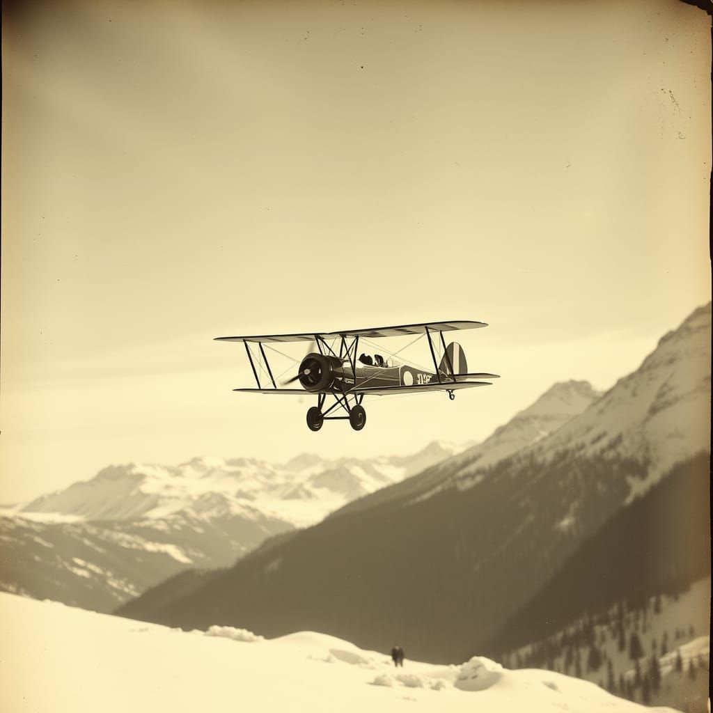 Biplane Over Snowy Mountains: Antique Photo