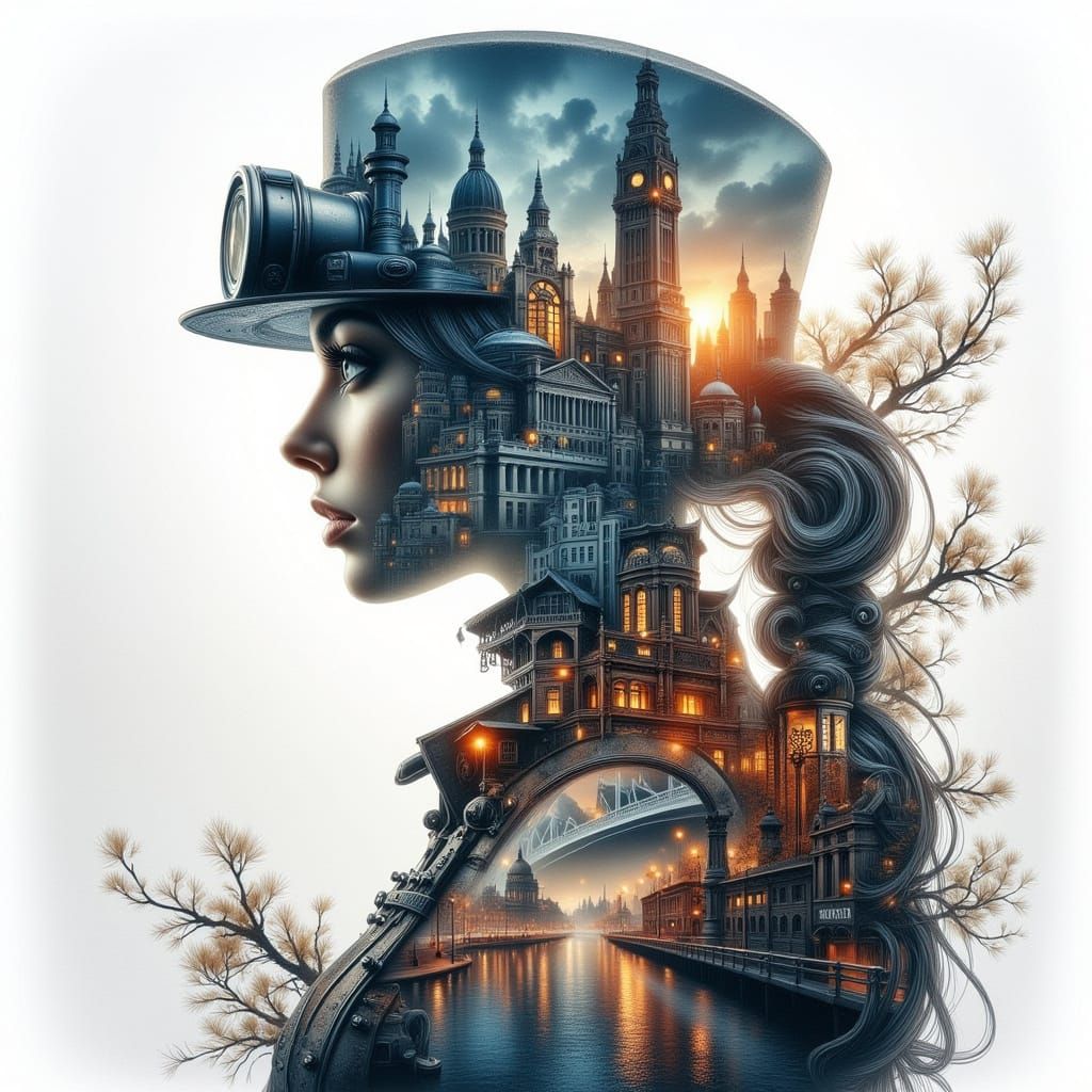 Steampunk City Merges with Girl Silhouette