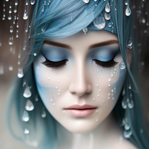 Blue-Toned Painting of a Crying Woman in Rain