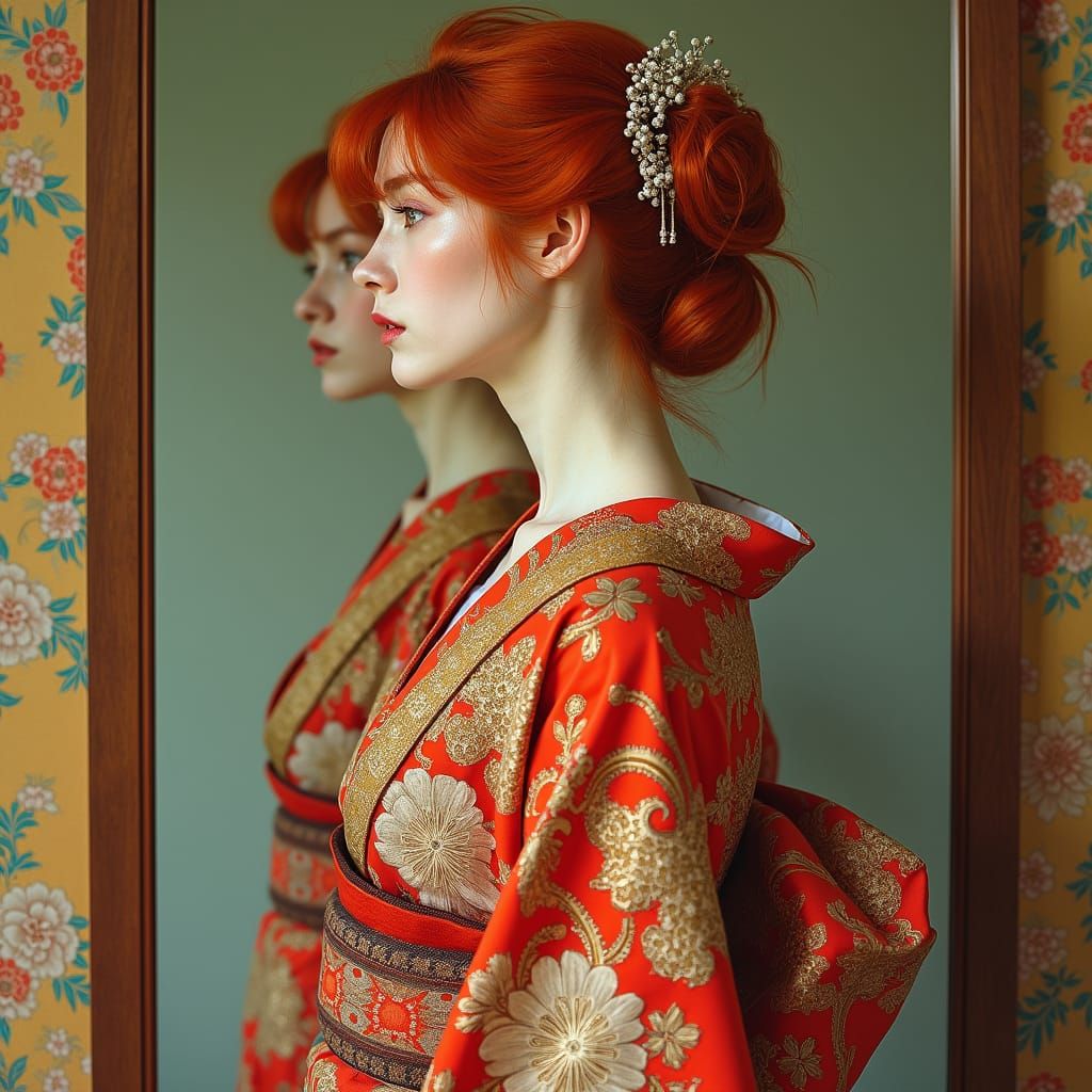 Japonisme Style Woman in Mirror with Yukata