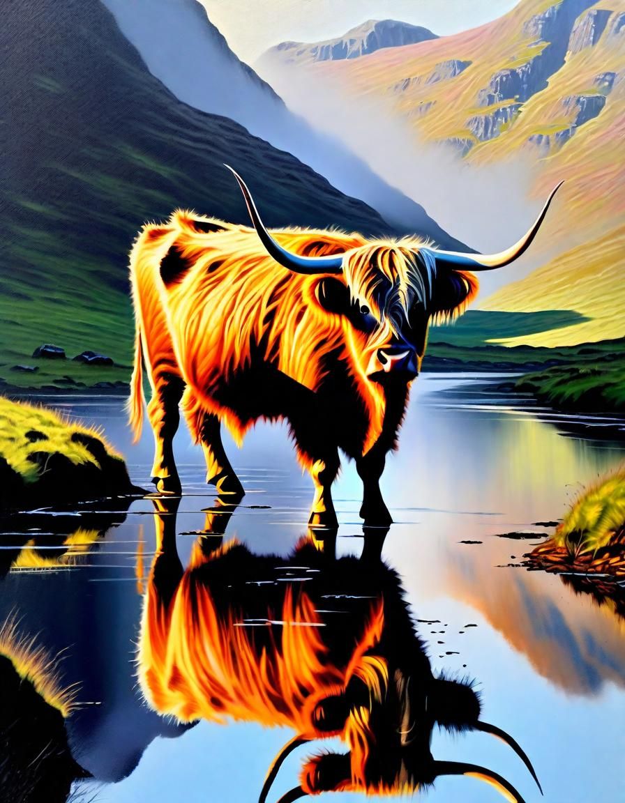 Highland Cow Reflection in Glen Coe Loch