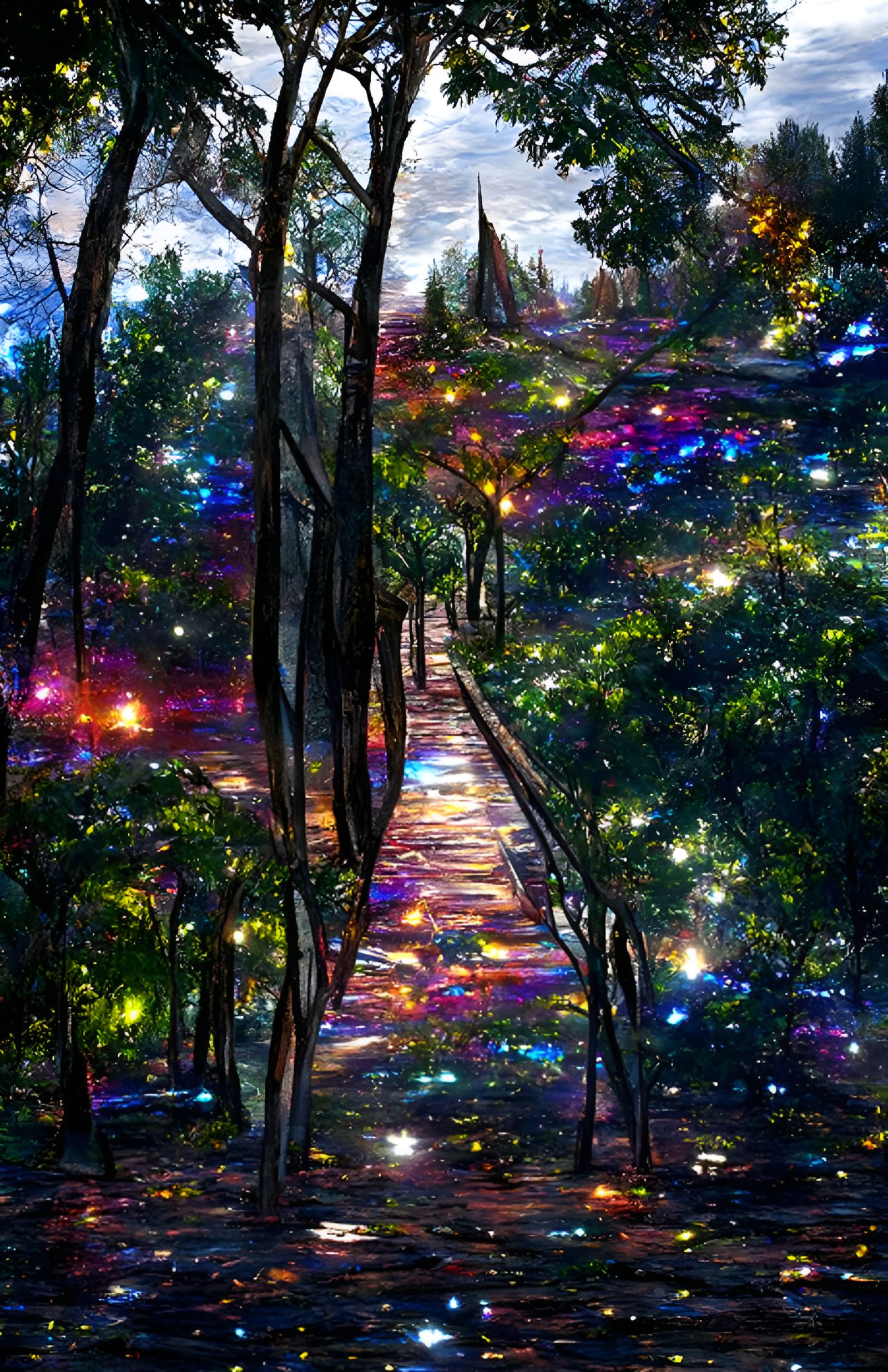 Stained Glass Forest Path of Stars in Art Deco Style