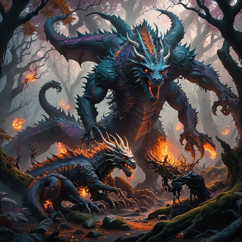 Dragon Leads Skeleton Army Through Mystical Forest