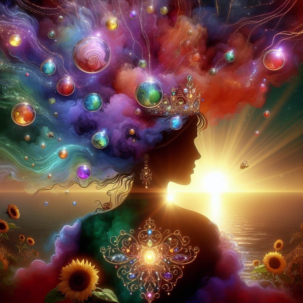 Elegant Woman Silhouette with Aura and Sunflowers