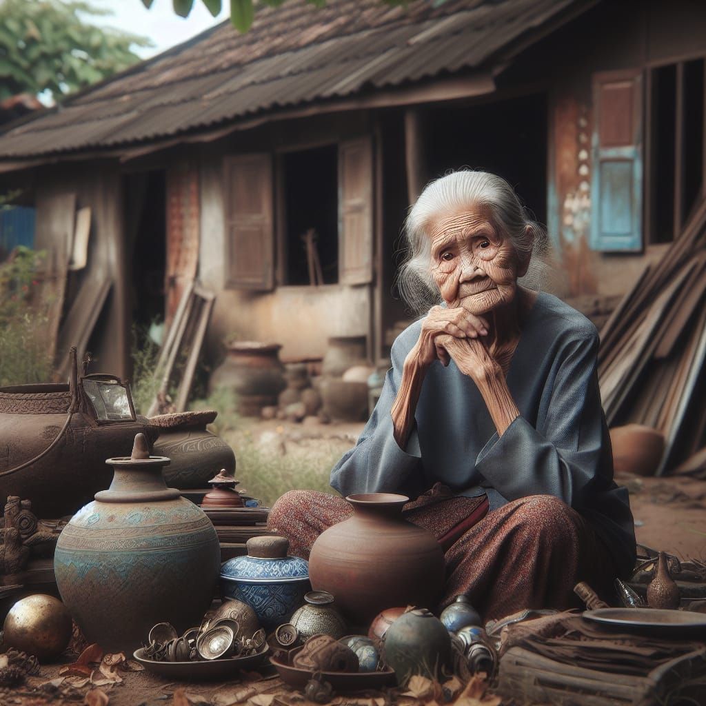 Elderly Woman Reminiscing in Rustic Garden Setting