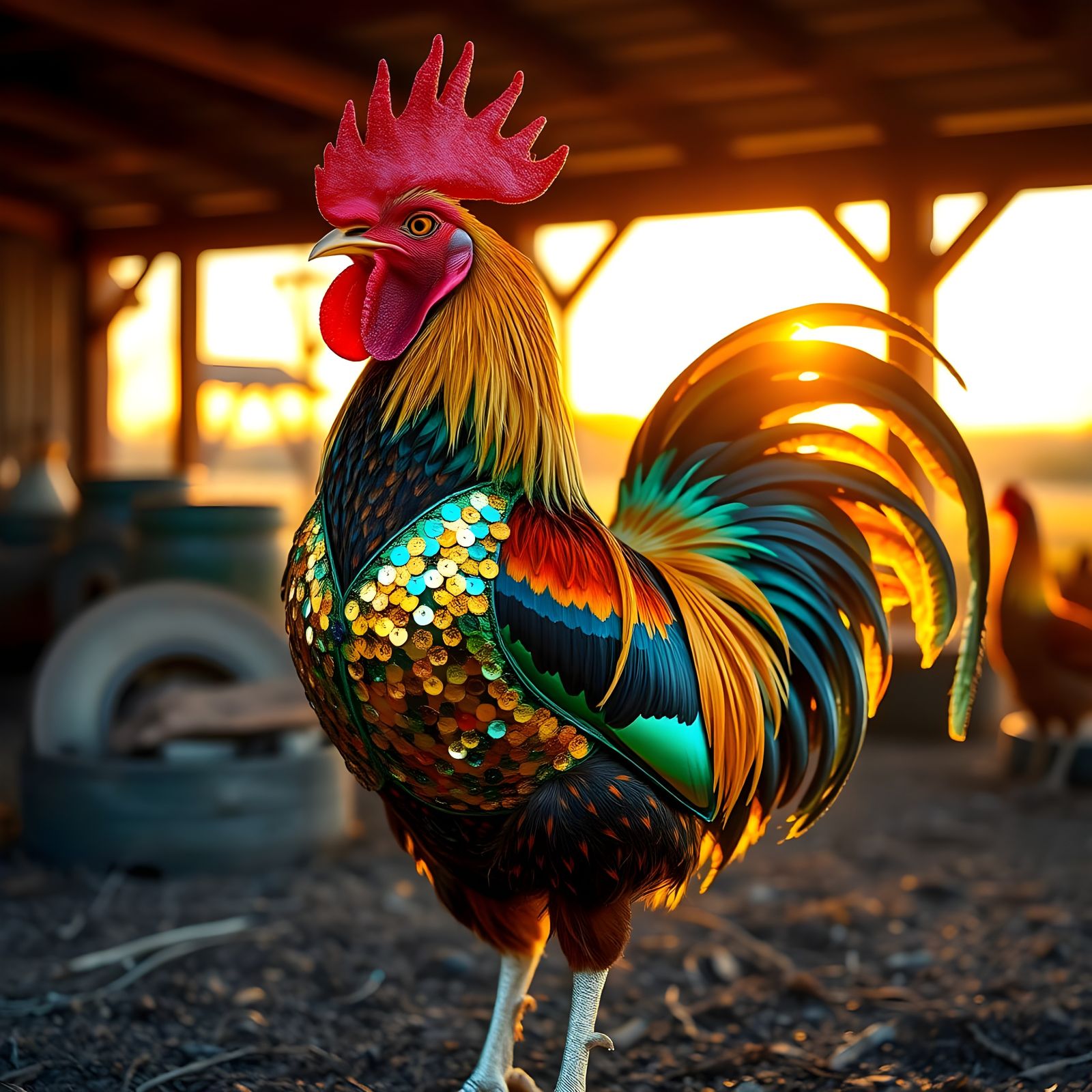 Proud Rooster Wears Chrome Sequined Vest at Sunrise