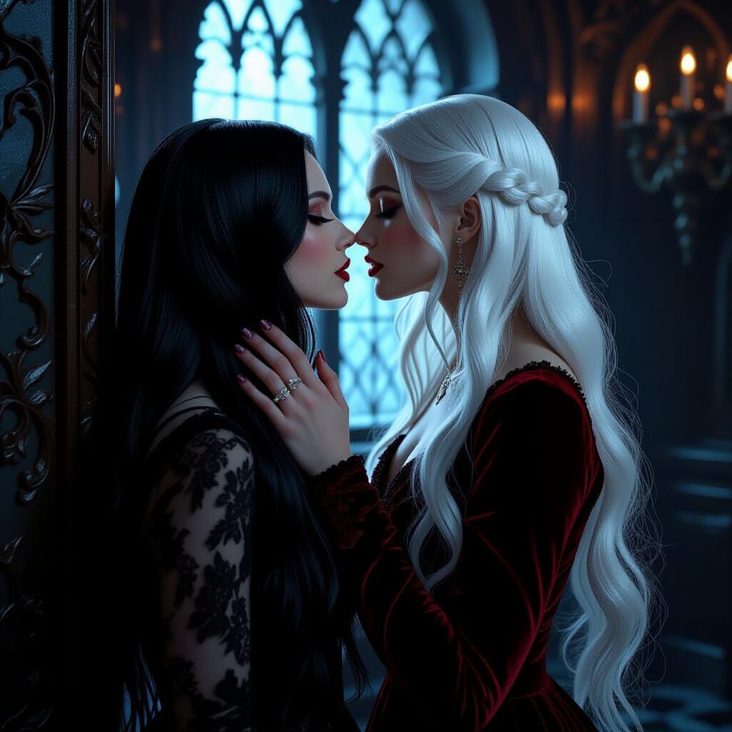 Passionate Gothic Romance: Two Women About to Kiss