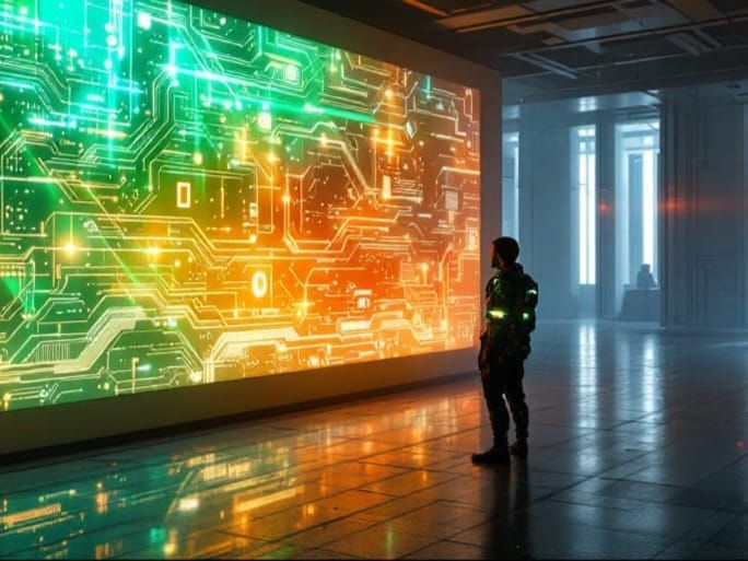 Futuristic Figure Interacts with Massive Holographic Display