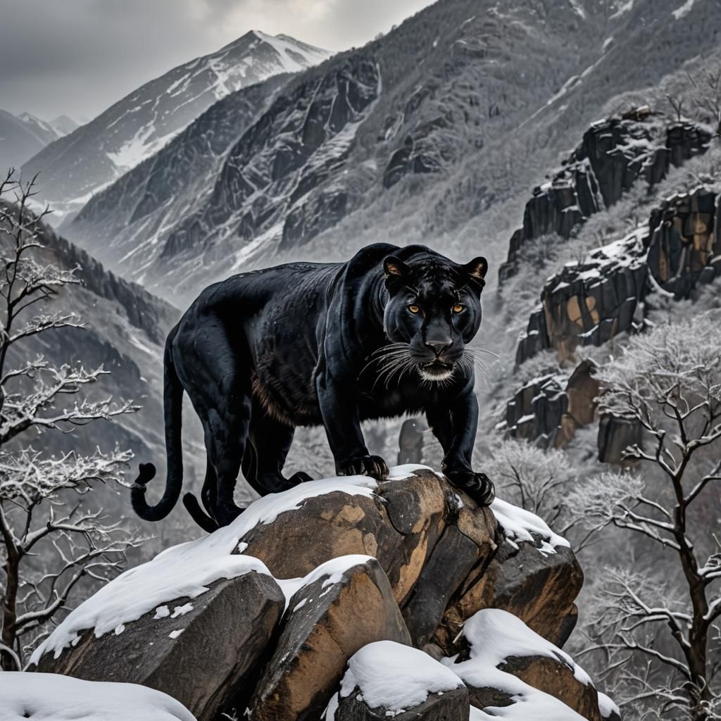 Hyperrealistic Black Panther in Snowy Mountains