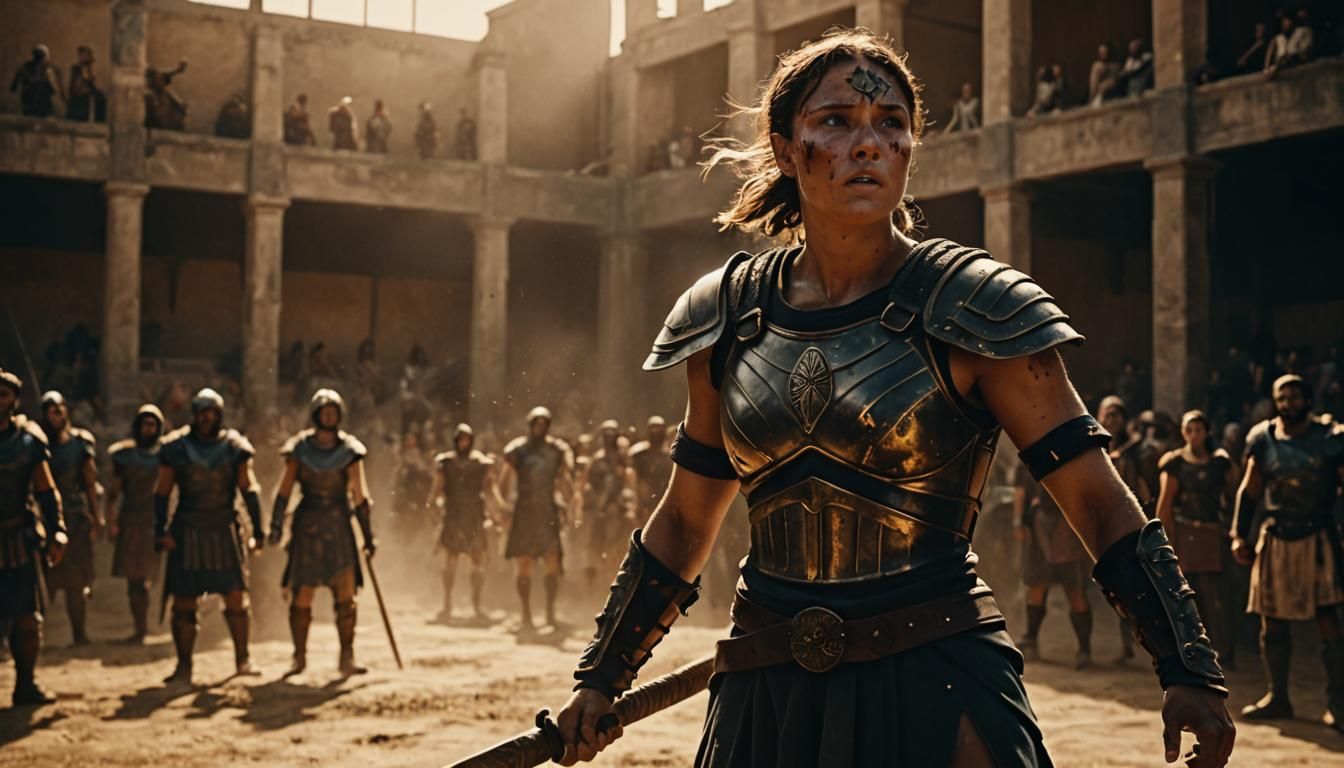 Victorious Gladiator in Dark Arena: Cinematic Film Still