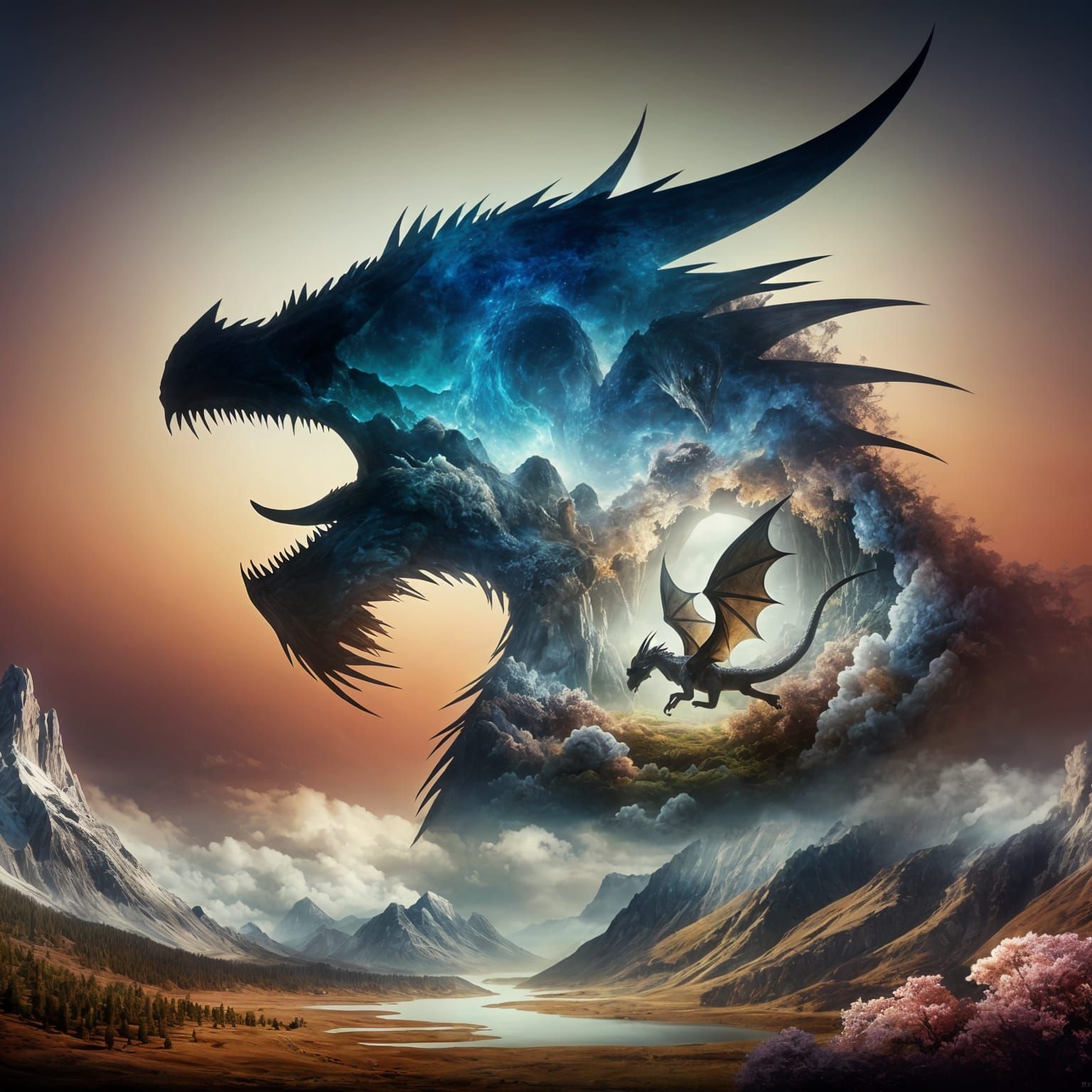Double Exposure Dragon Roaring in Fantasy Landscape
