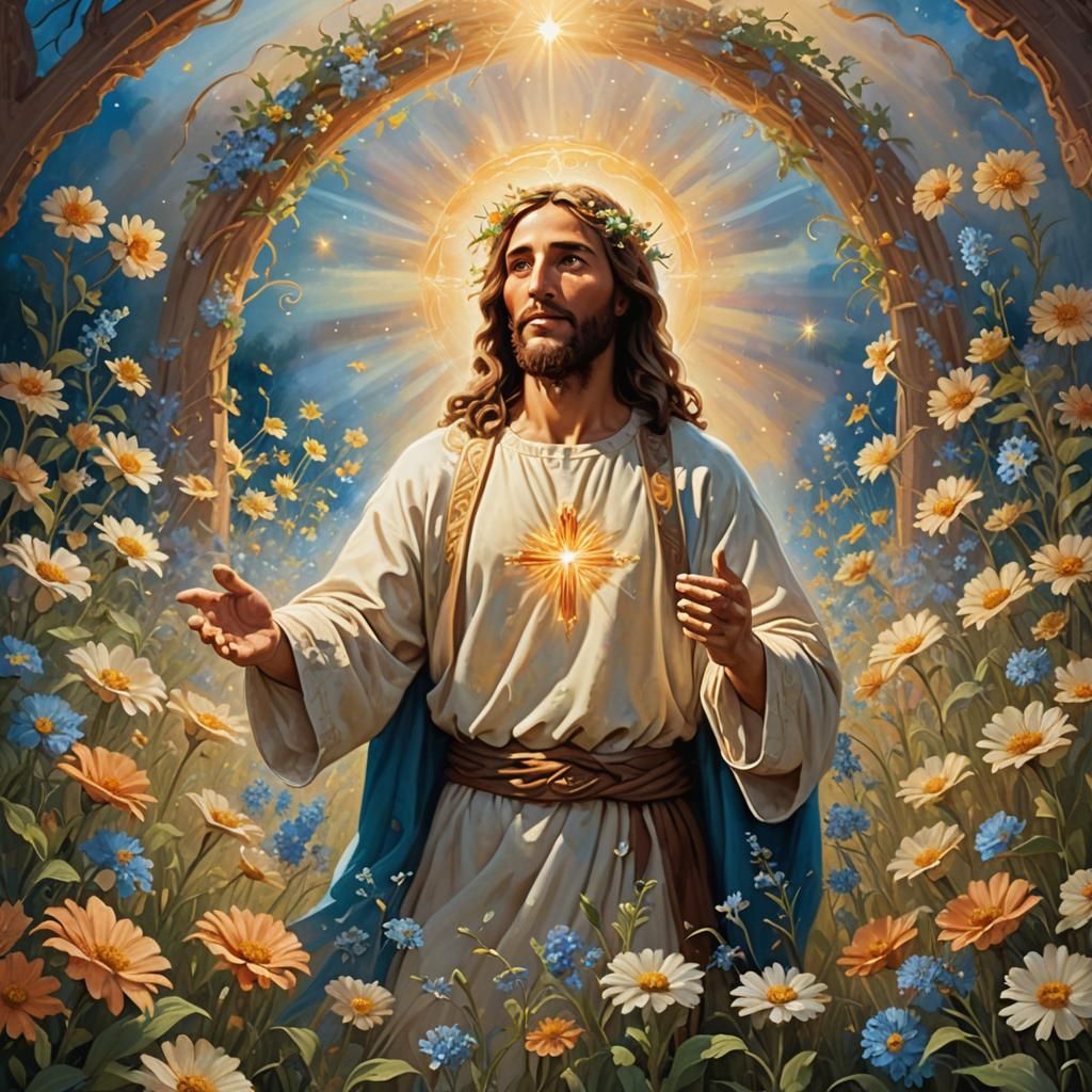 Jesus Radiating Love in Mystical Flower Field