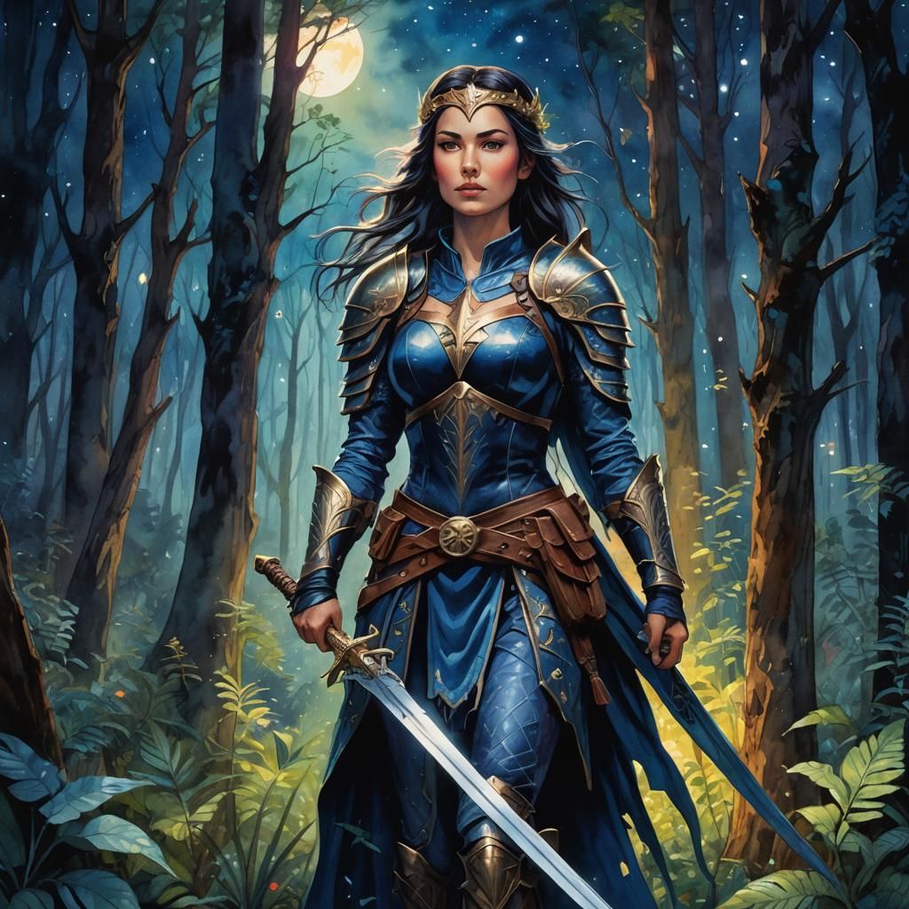 Warrior Woman in Luminous Forest: Watercolor Fantasy