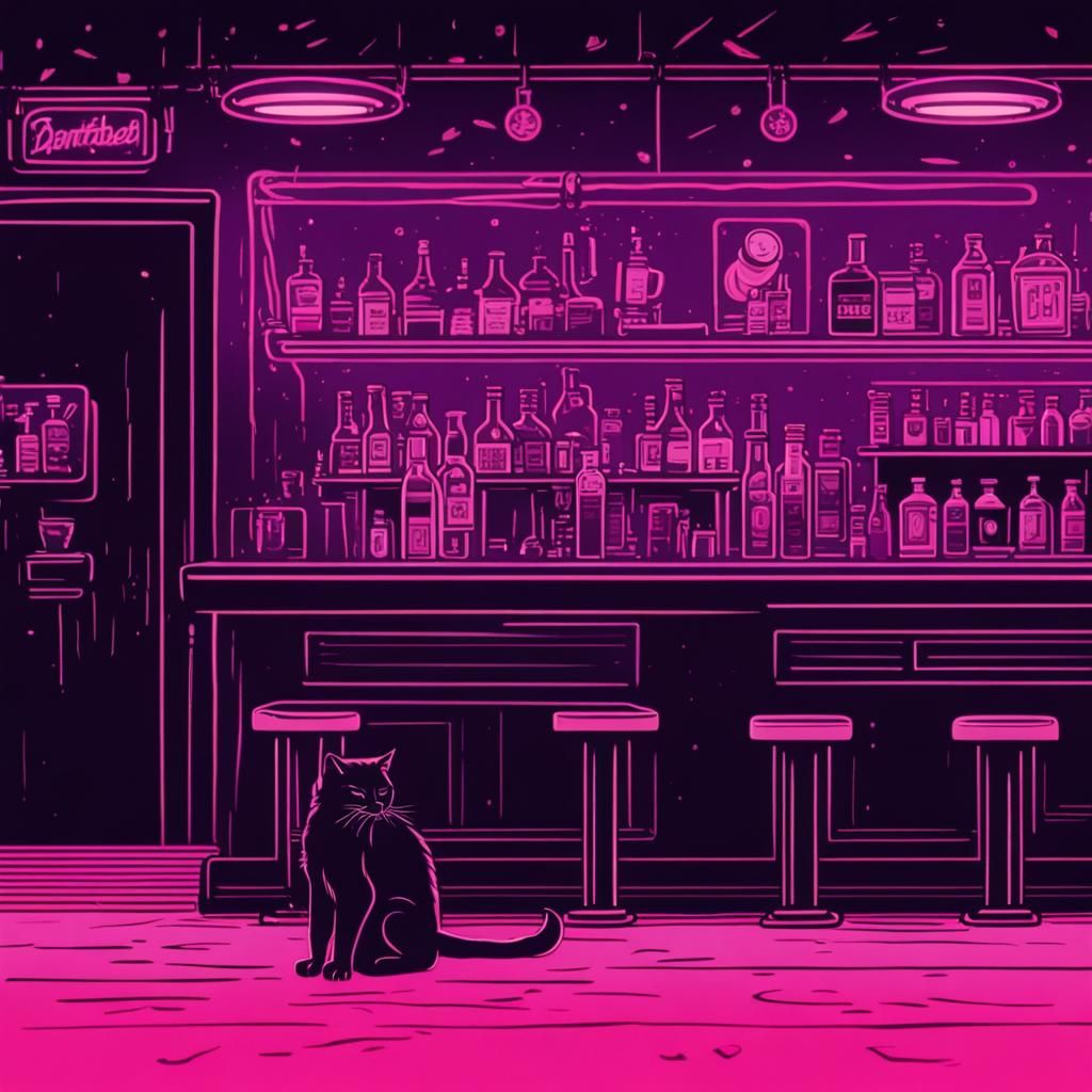 Lonely Bartender in Dim Dive Bar with Sad Cat