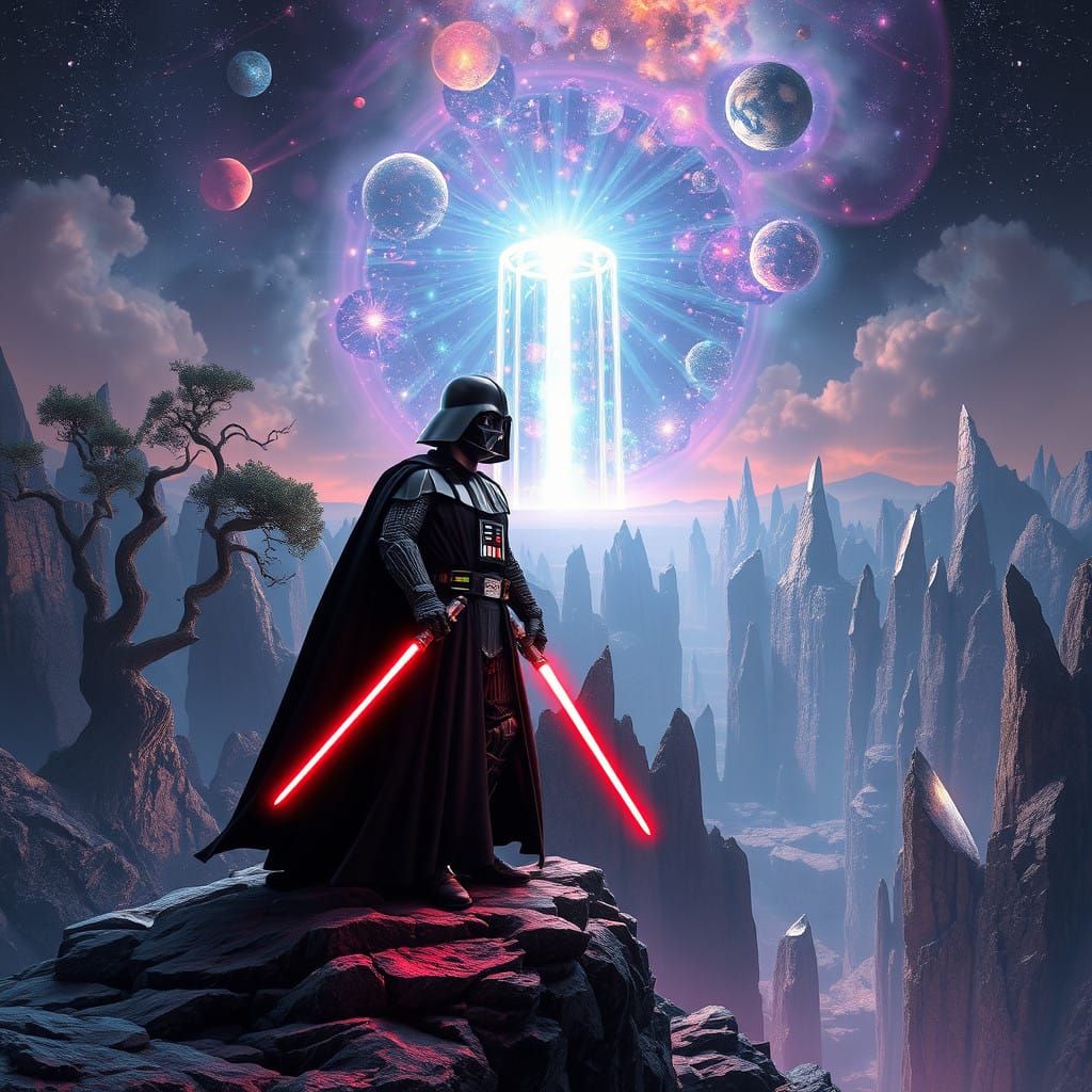 Darth Vader in an otherworldly dreamscape, surrounded by mys...
