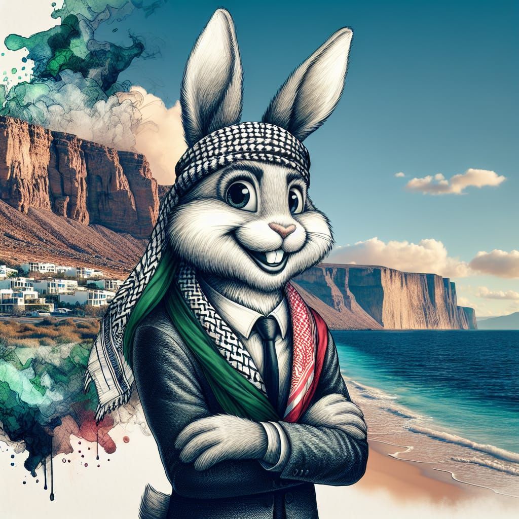Rabbit in Keffiyeh with Coastal View: Detailed Matte Paintin...
