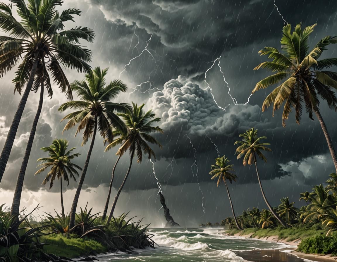 Tropical Hurricane Bends Palm Trees: Photoillustration