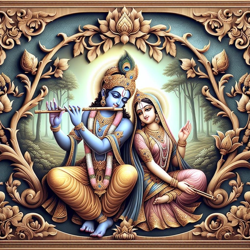 Radha Krishna with Flute in Peacock Frame
