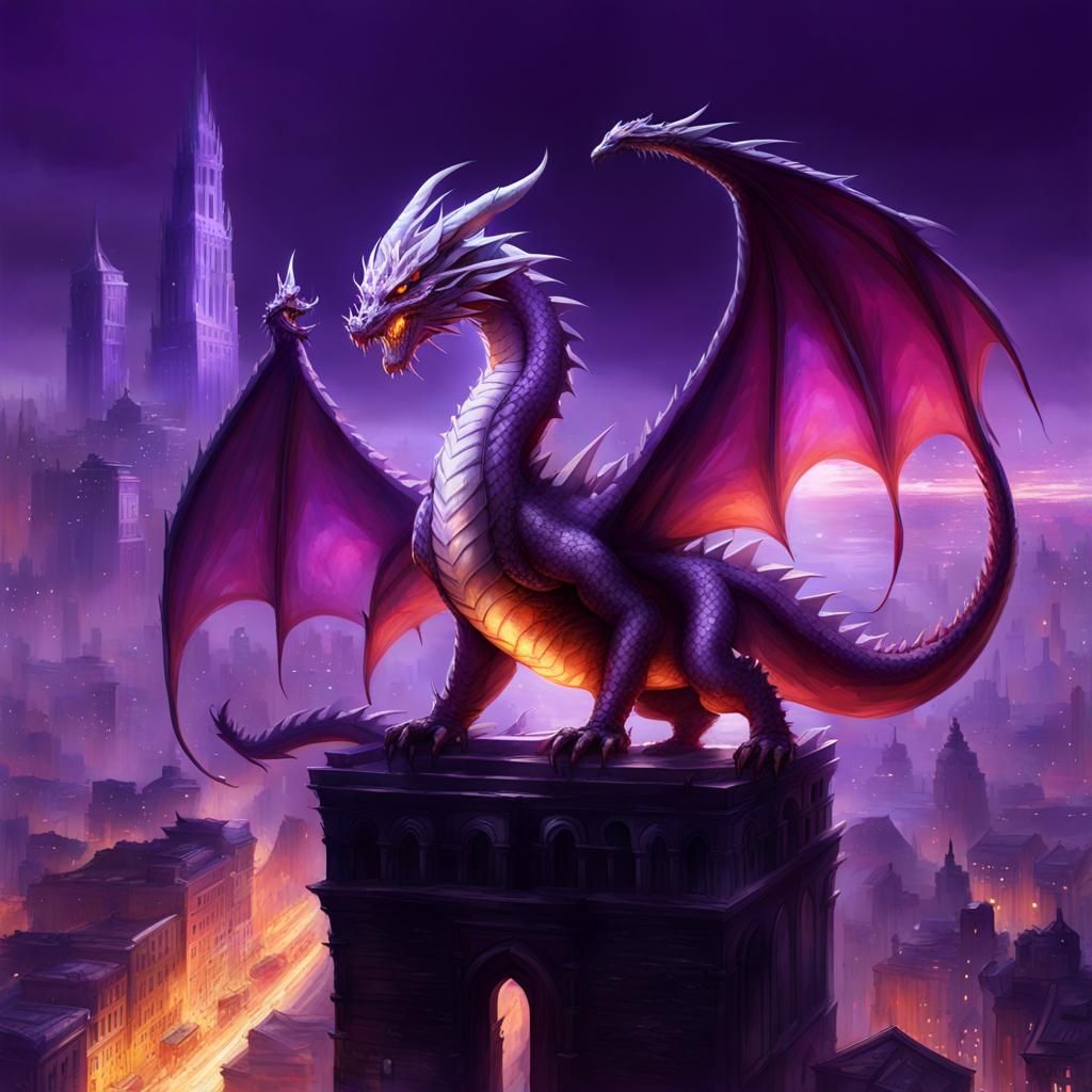 Purple Dragon Destroys City in Epic Digital Art