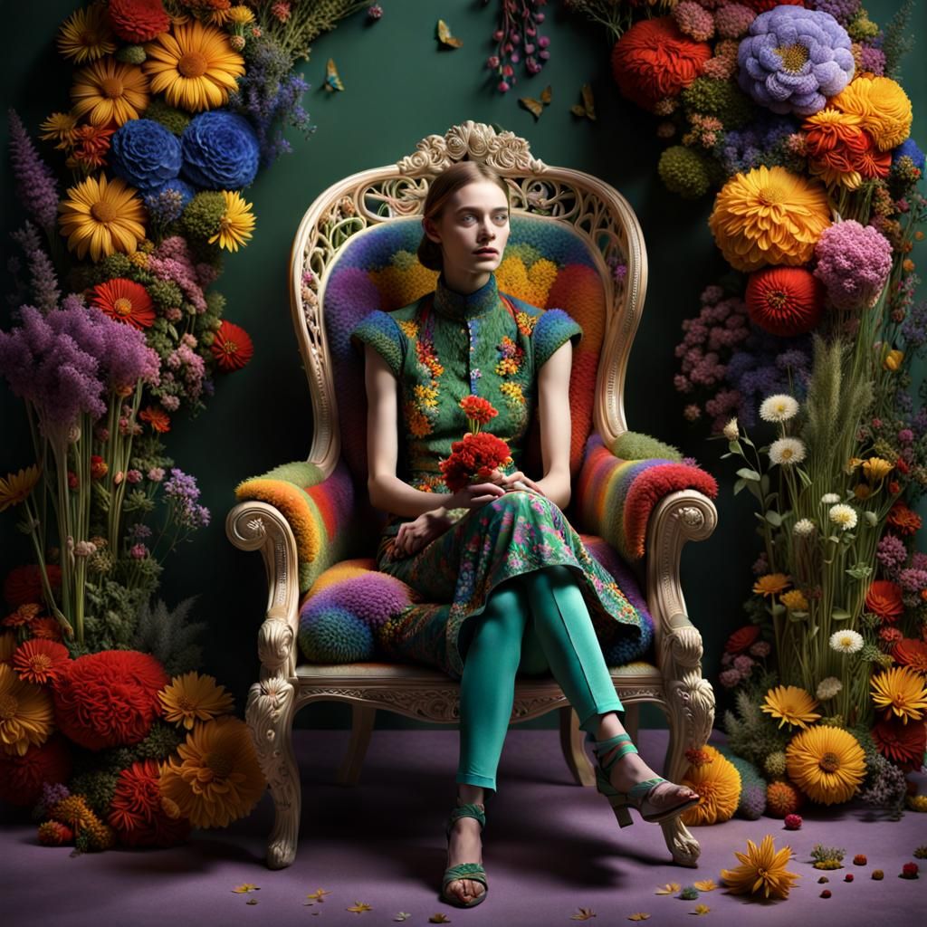 Model in Surreal Flower Chair with Rainbow