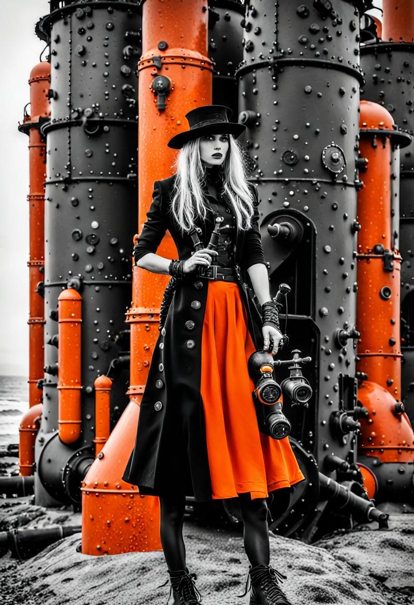 Monochrome Goth Model on Steampunk Seascape