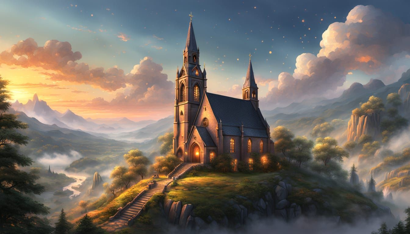 Giant Church Tower Bells in Misty Landscape