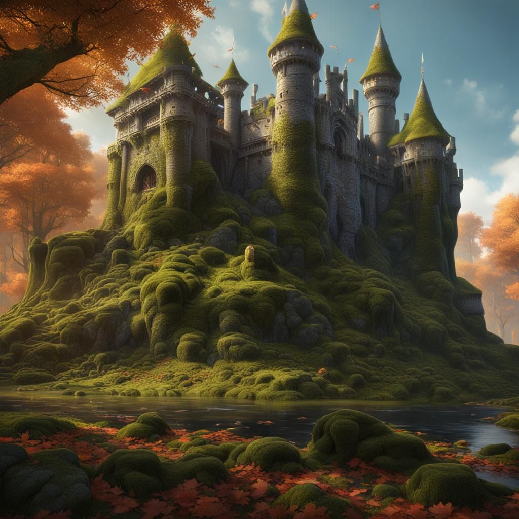 Moss-Covered Ancient Castle in Autumnal Birch Forest