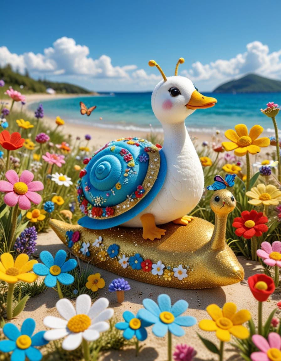 Felt Art Snail Enjoys Colorful Beach Holiday