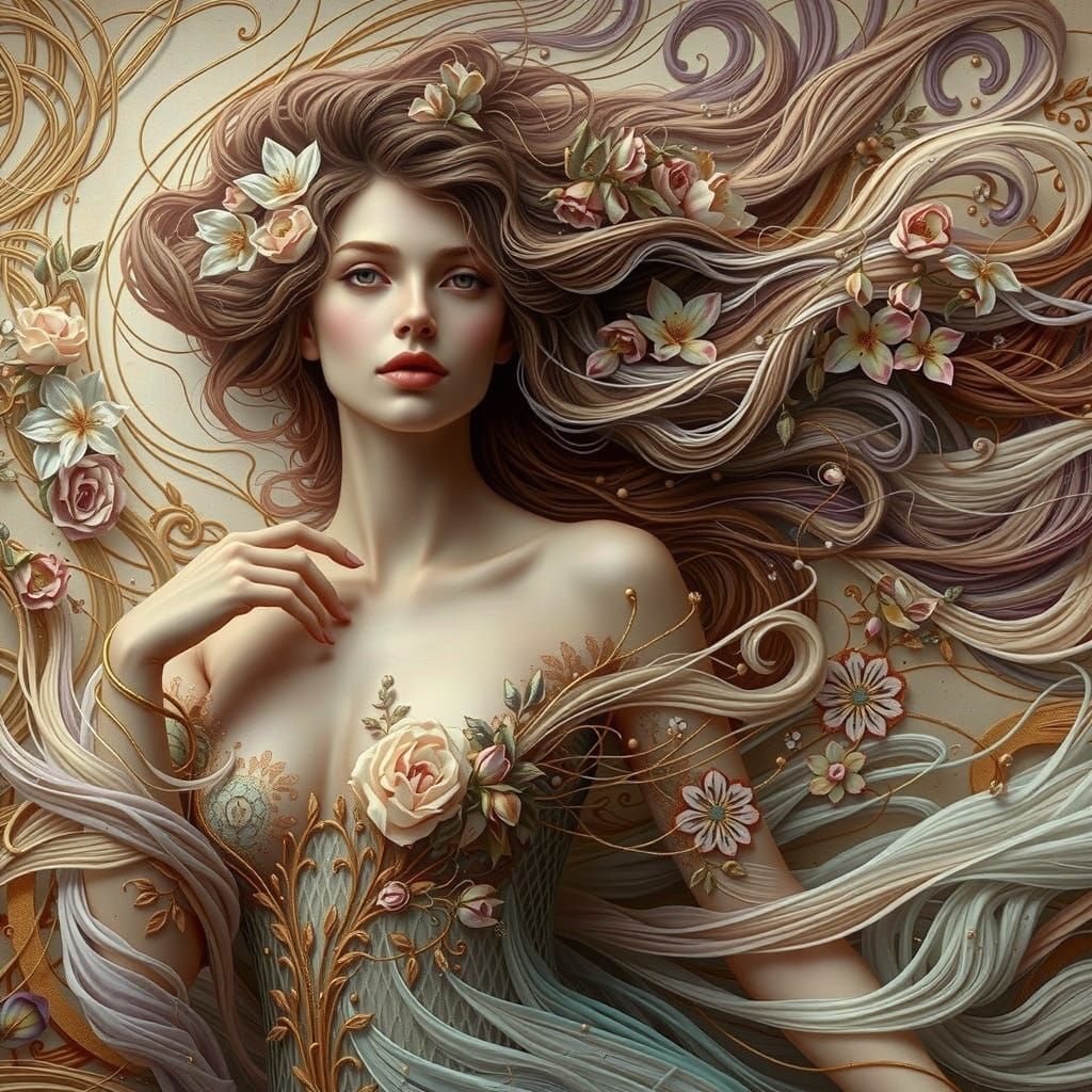 Art Nouveau Portrait of Woman with Floral Hair