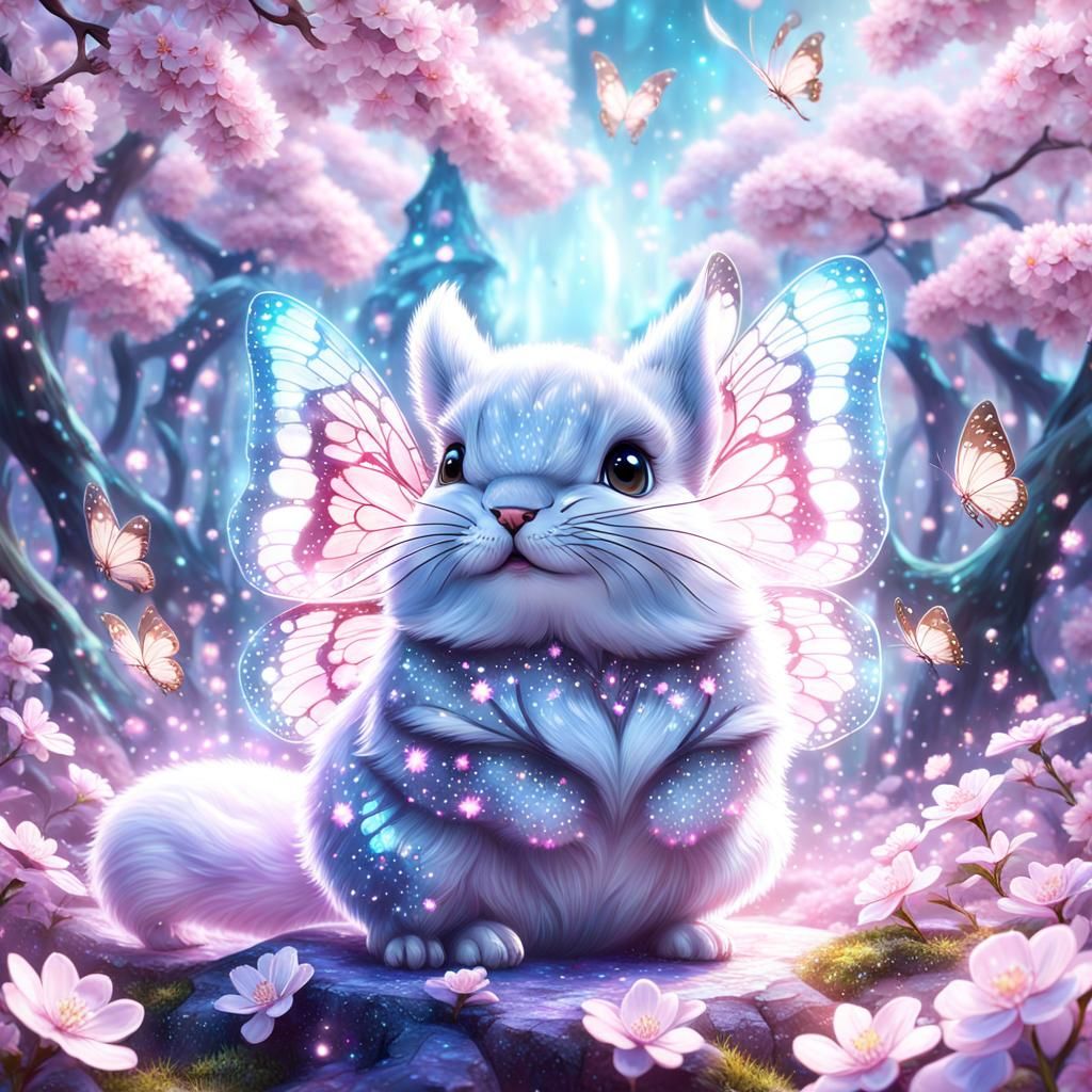 Magical Chinchilla Butterfly in Cherry Blossom Forest
