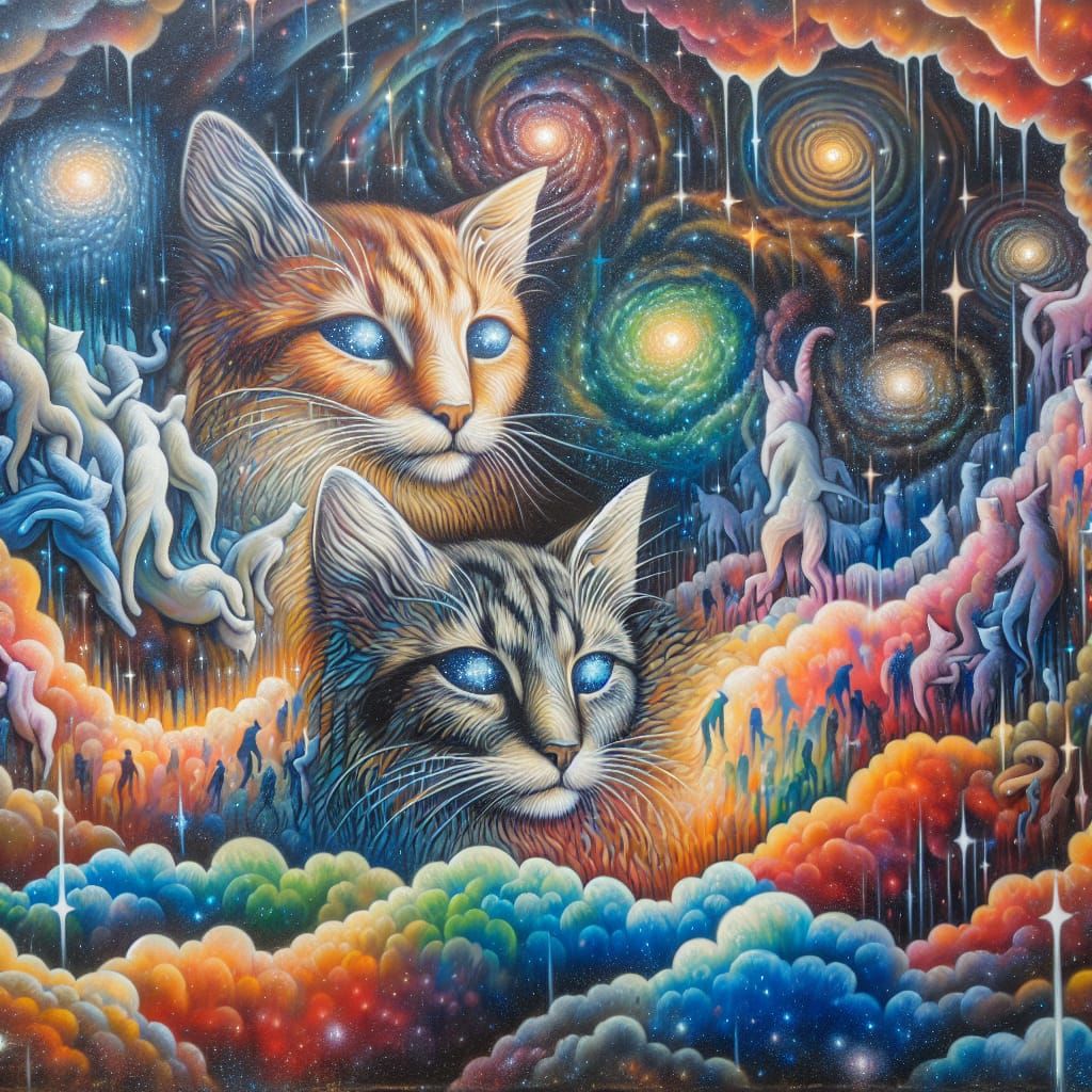Cats in Galaxy Rainbow Dreamscape Trompe L'Oeil Art
