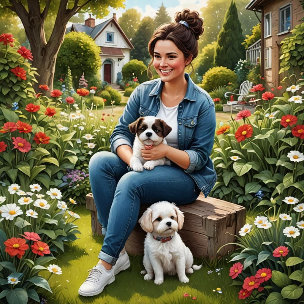 Woman and Puppy in Whimsical Garden Illustration