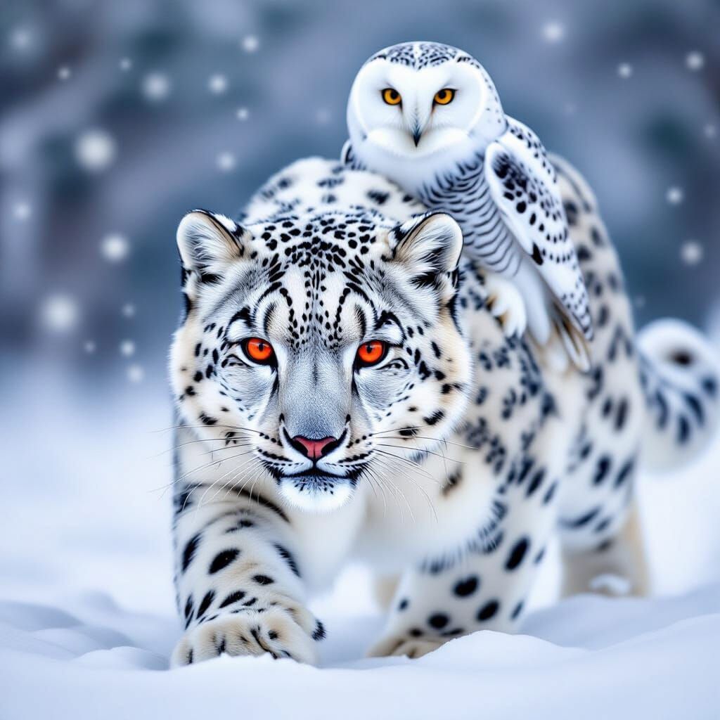 Snow Leopard and Owl in Snowy Landscape
