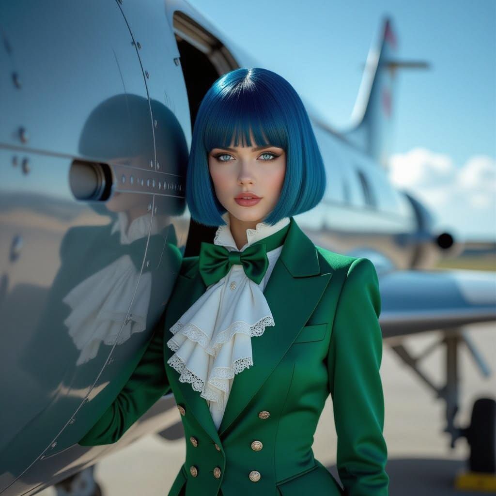 Elegant Girl Leans Against Futuristic Rocket Ship