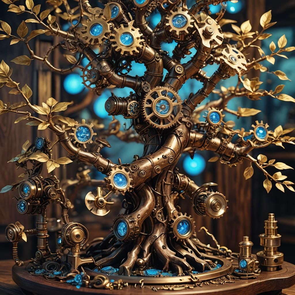 Steampunk Bonsai Tree with Clockwork Mechanisms