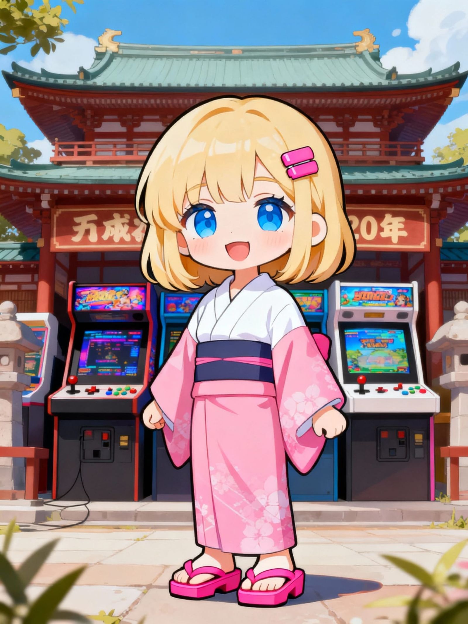 Chibi Girl in Pink Kimono at Retrogaming Temple