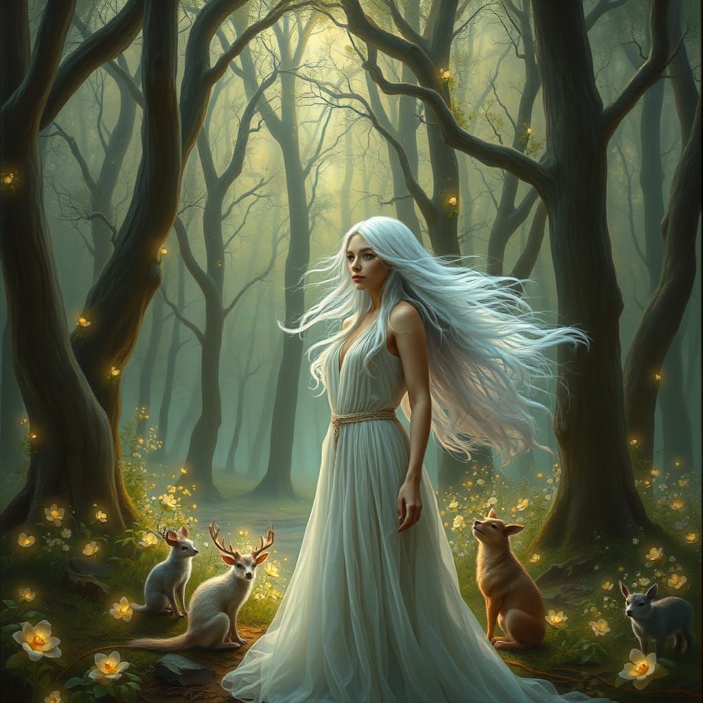 Ethereal Woman in Bioluminescent Forest Clearing