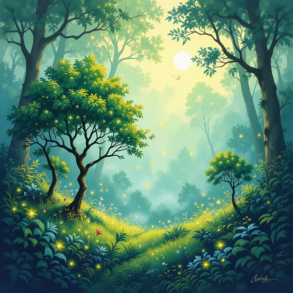 Miniature Forest with Fireflies in Gurney Style