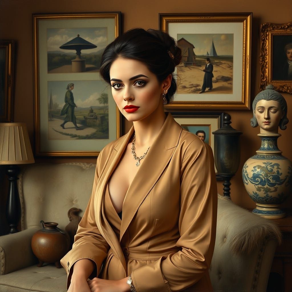 Elegant Woman in Vintage Studio: An Oil Painting